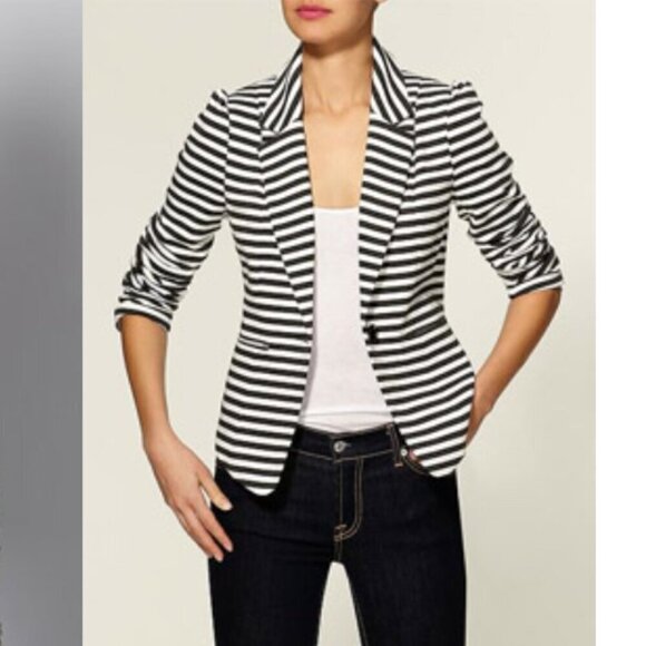 Forever 21 Striped Blazer | Black & White | Fitted Jersey Knit | Size S - Picture 1 of 11